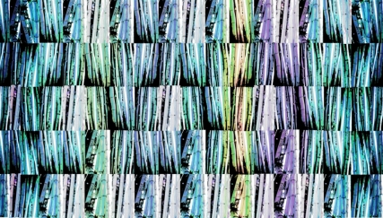 Image based on photos of bamboo, colored in shades of blue green lavender